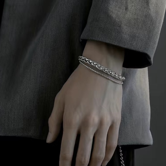 Titanium Steel Unisex Double Silver Bracelet - Picture 2 of 6